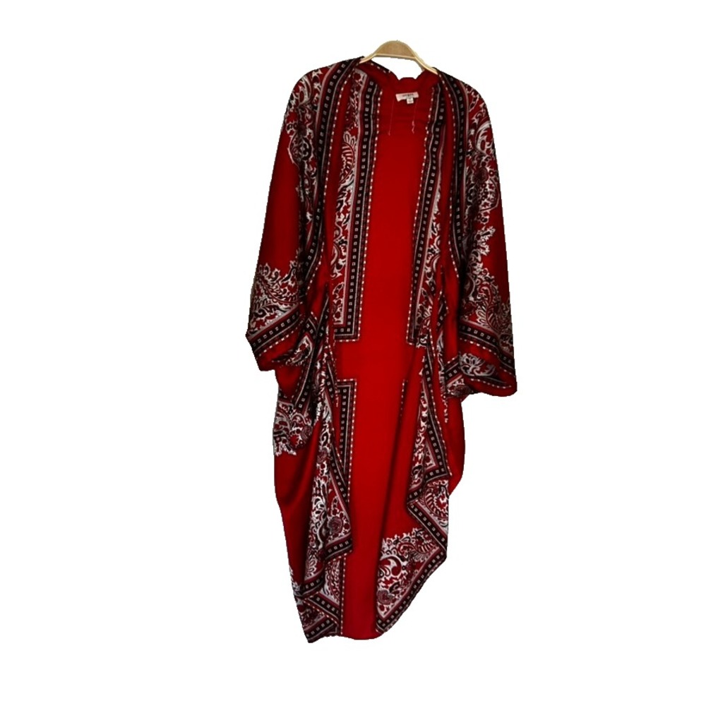 Umgee Black Red Embroidered Kimono Open Front Lightweight Colorful Boho Satin ML